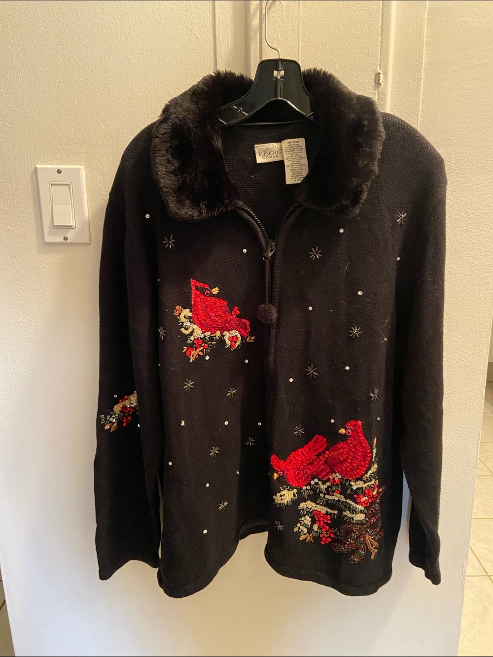 Classic Elements Black Teddy Jacket with Red Cardinal Appliqués